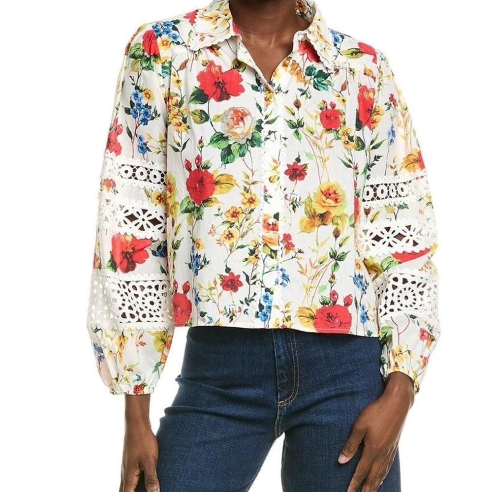 Florals For SPRING White Floral Button-Front Blouse with Red & Yellow Blooms